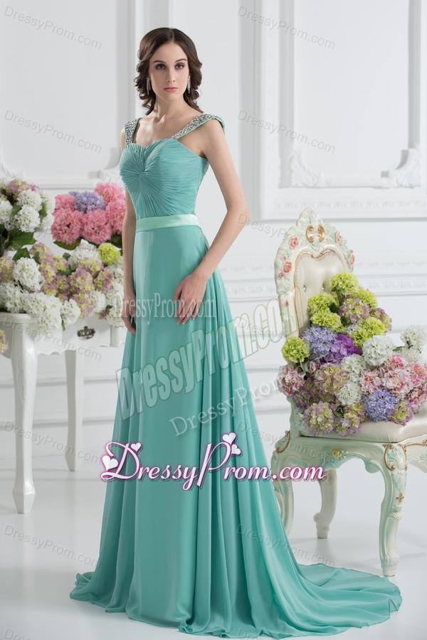 Empire Square Chiffon Beading Ruching Belt Mint Cream Prom Dress