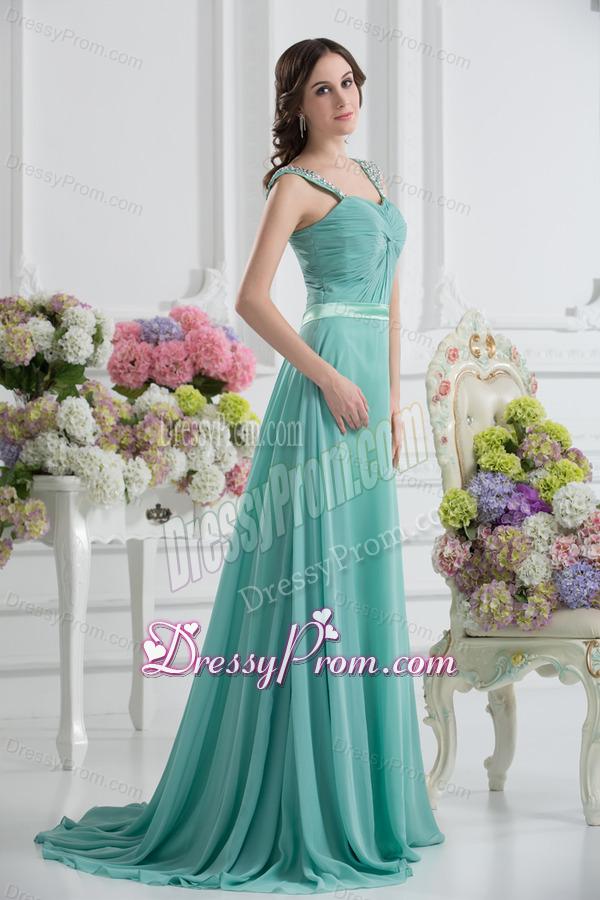 Empire Square Chiffon Beading Ruching Belt Mint Cream Prom Dress