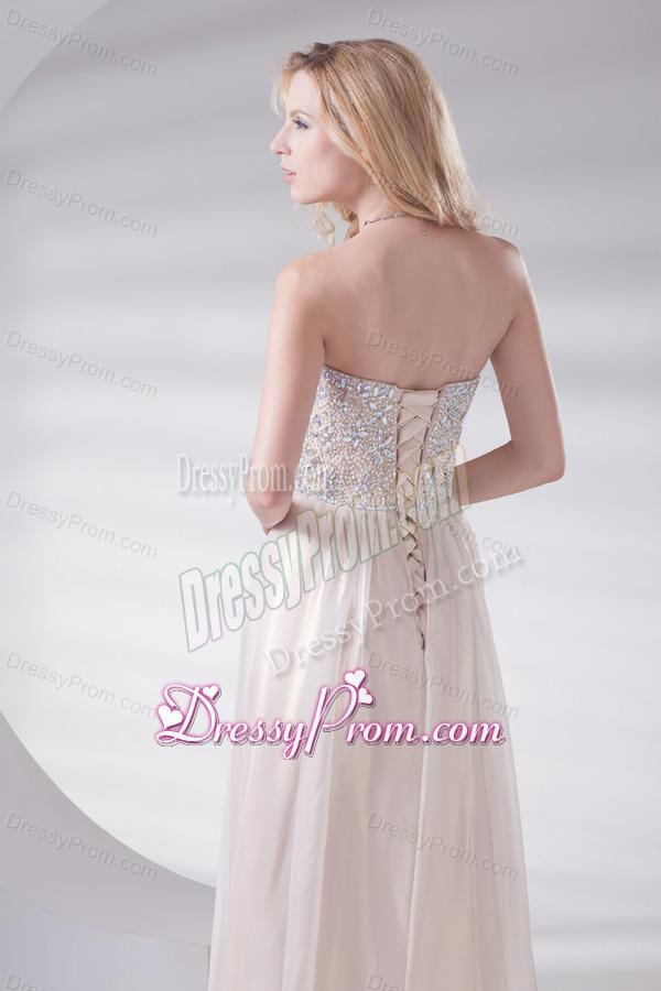 Empire Strapless Sleeveless Beading and Ruching Lace-up Champagne Prom Dress