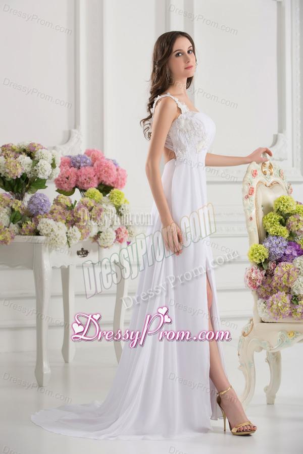 Empire White One Shoulder High Slit Brush Train Chiffon Prom Dress