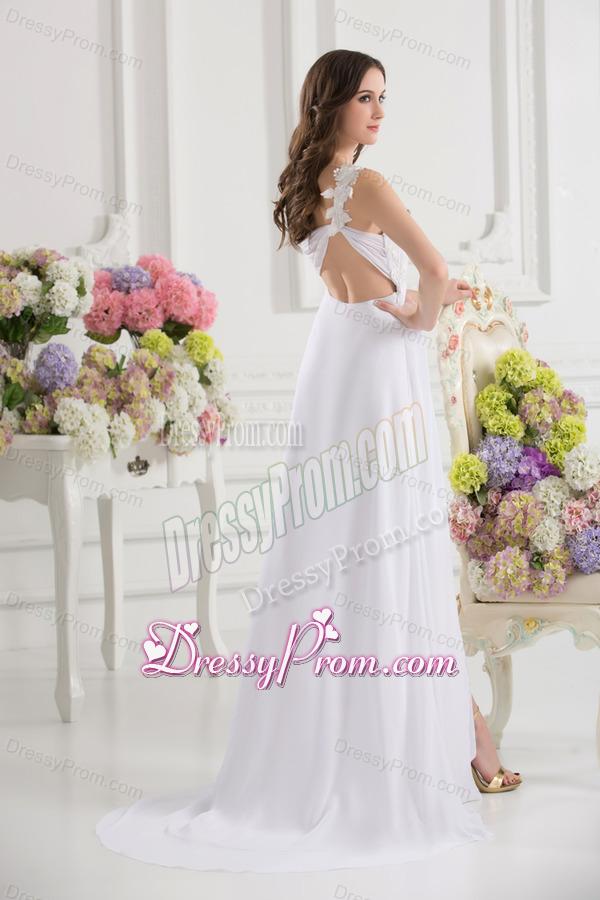 Empire White One Shoulder High Slit Brush Train Chiffon Prom Dress