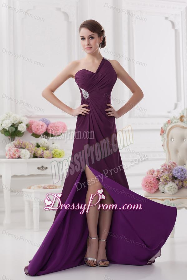 One Shoulder Empire Ruching and High Slit Backless Prom Dress