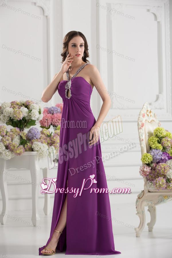 Purple Empire Halter Top Beading Ruching Chiffon Prom Dress
