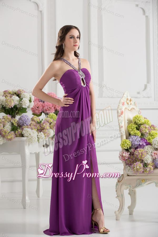 Purple Empire Halter Top Beading Ruching Chiffon Prom Dress