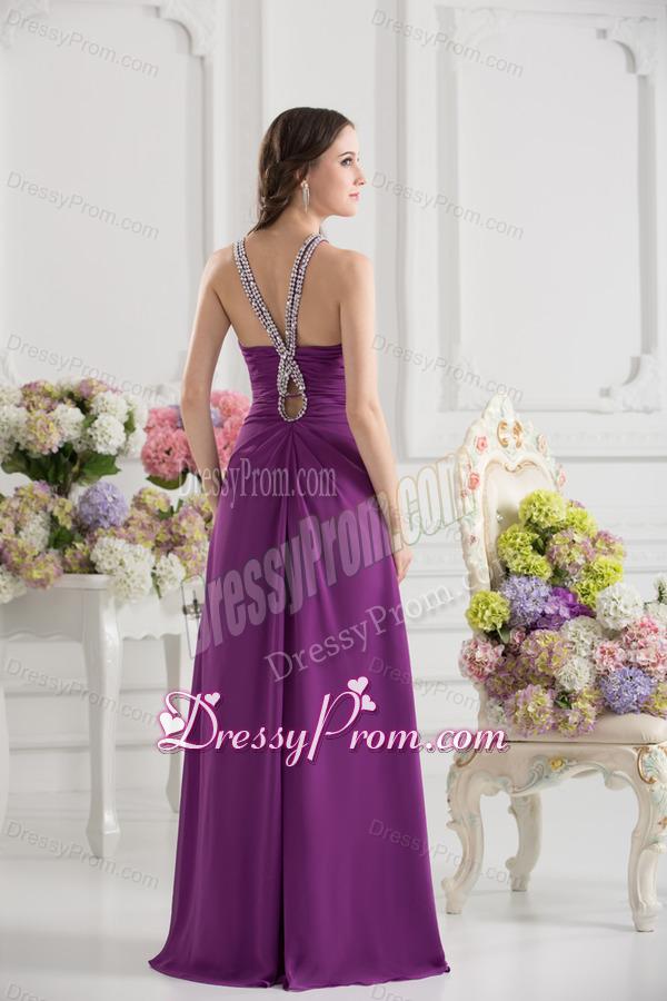 Purple Empire Halter Top Beading Ruching Chiffon Prom Dress