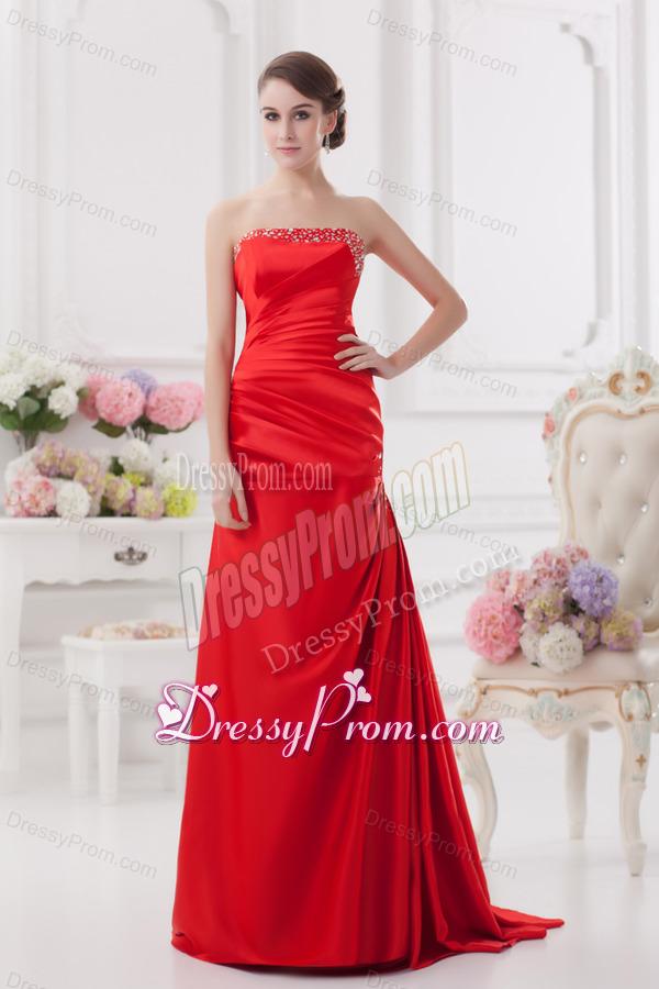 Red Column Strapless Prom Dress with Ruching and Beading