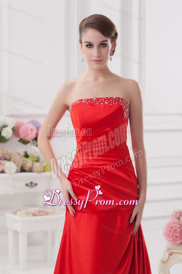 Red Column Strapless Prom Dress with Ruching and Beading