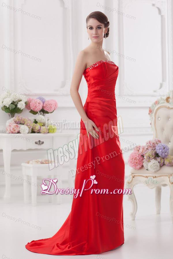 Red Column Strapless Prom Dress with Ruching and Beading