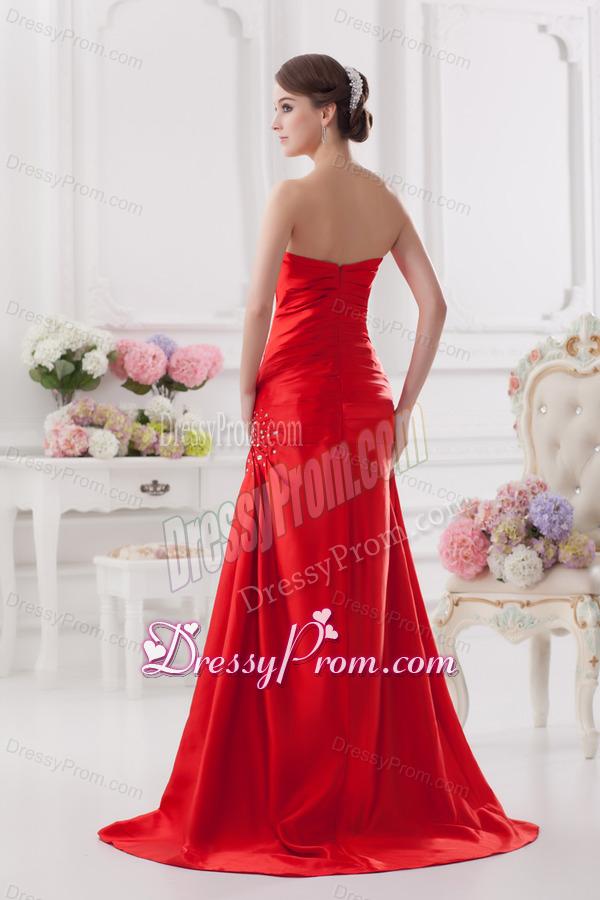 Red Column Strapless Prom Dress with Ruching and Beading