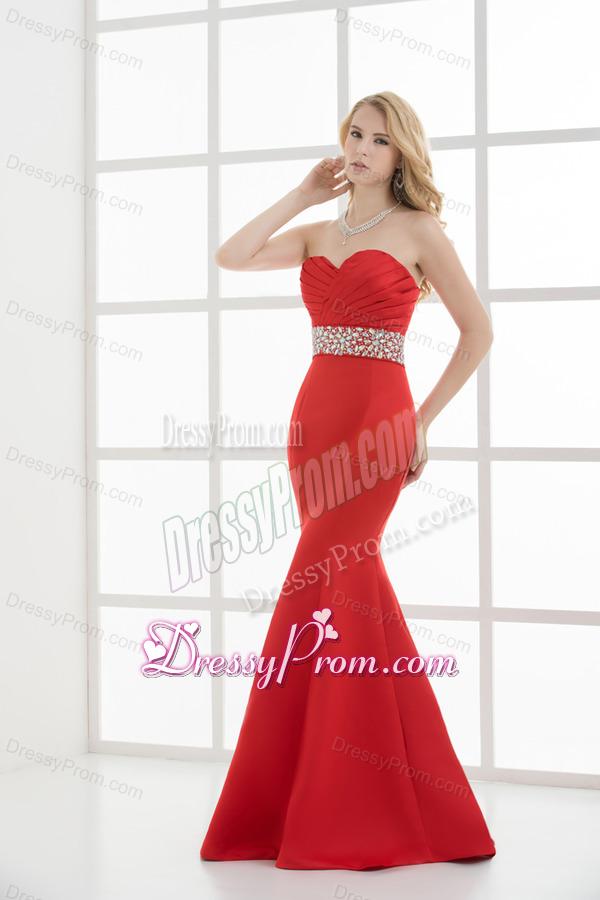 Red Mermaid Sweetheart Sleeveless Beading and Ruching Prom Dress