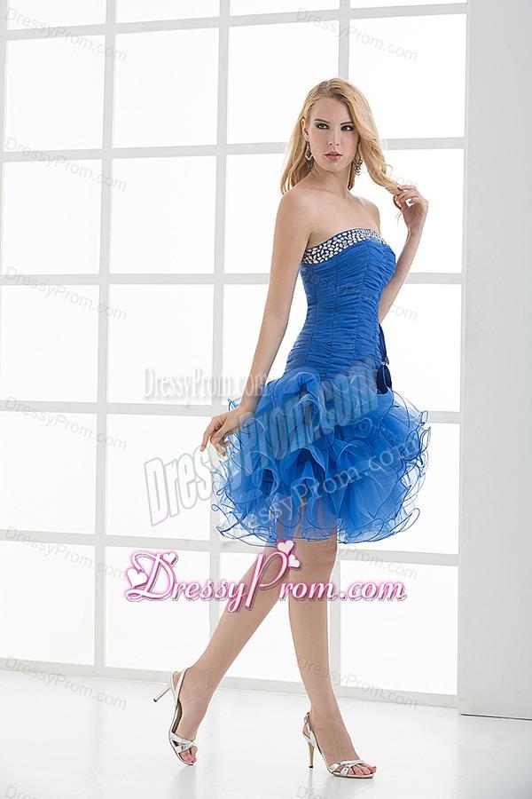 Short Strapless Beading and Ruching Ruffles Organza Prom Dress