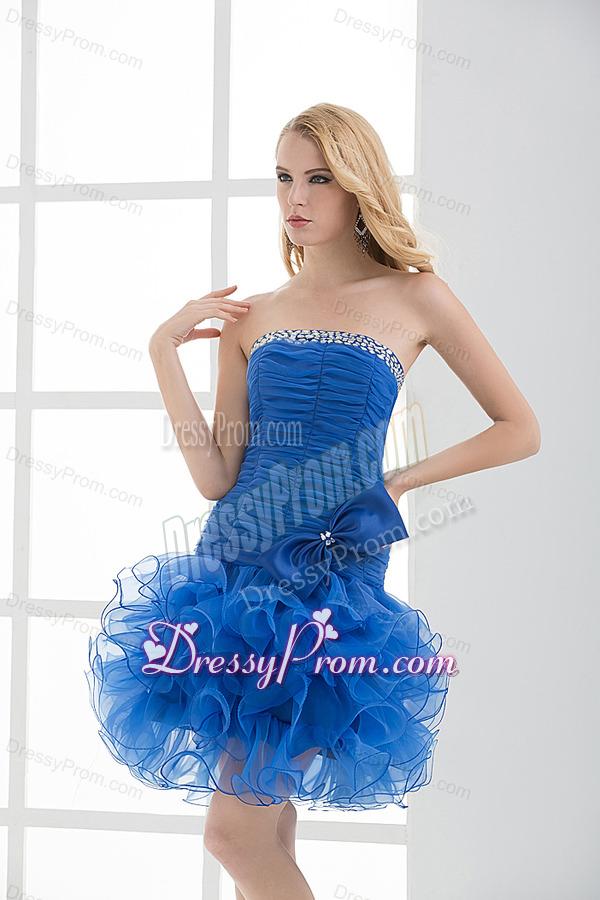 Short Strapless Beading and Ruching Ruffles Organza Prom Dress