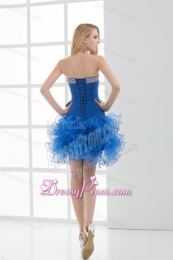 Short Strapless Beading and Ruching Ruffles Organza Prom Dress