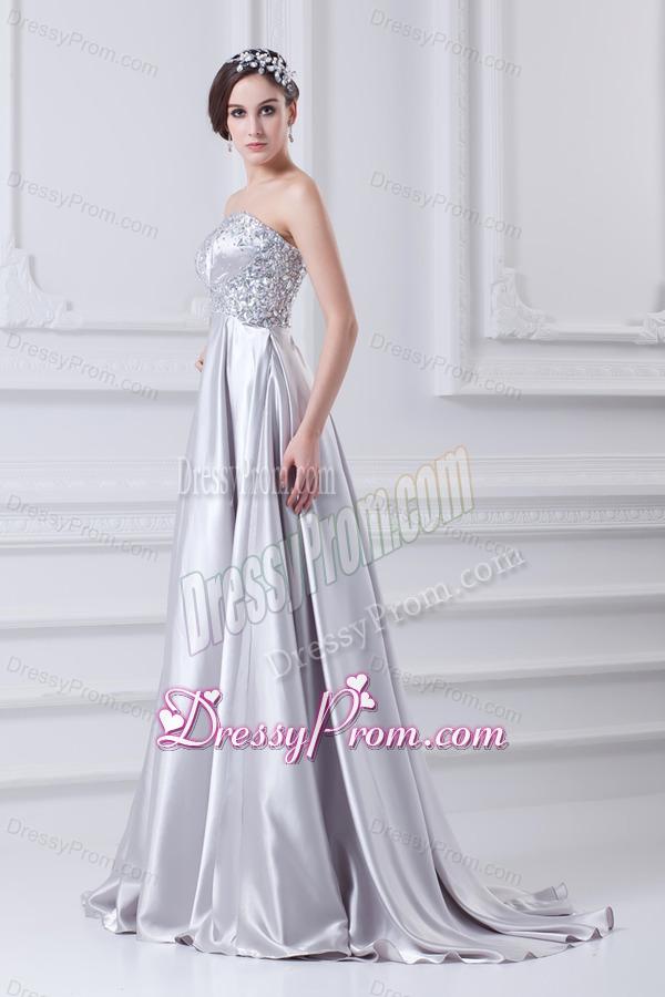 Silver A-line Sweetheart Taffeta Beading Brush Train Prom Dress