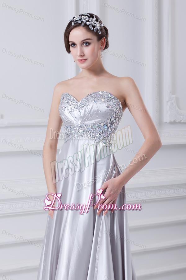 Silver A-line Sweetheart Taffeta Beading Brush Train Prom Dress