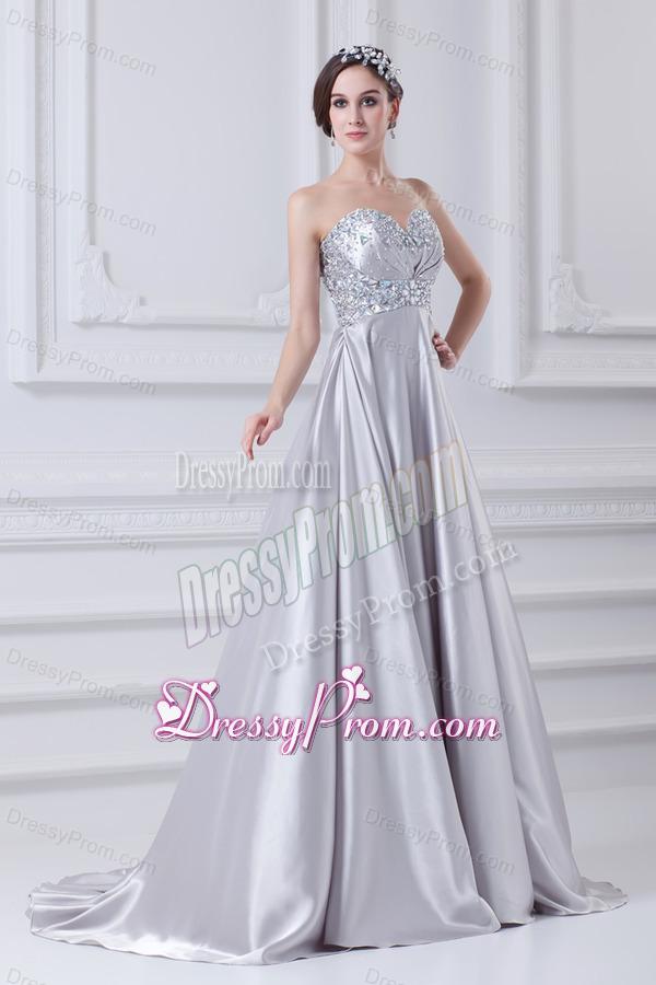 Silver A-line Sweetheart Taffeta Beading Brush Train Prom Dress