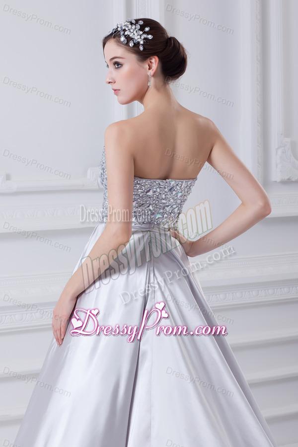 Silver A-line Sweetheart Taffeta Beading Brush Train Prom Dress