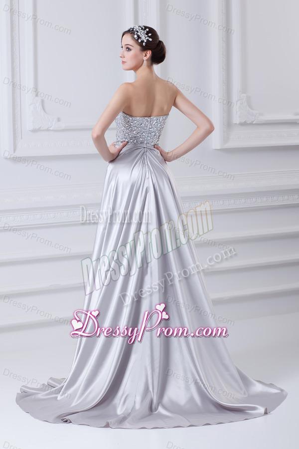 Silver A-line Sweetheart Taffeta Beading Brush Train Prom Dress