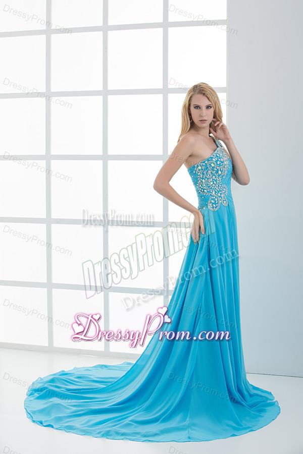 Sky Blue Beading and Ruching Empire One Shoulder Prom Dress with Court Train