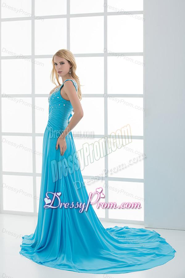 Sky Blue Beading and Ruching Empire One Shoulder Prom Dress with Court Train