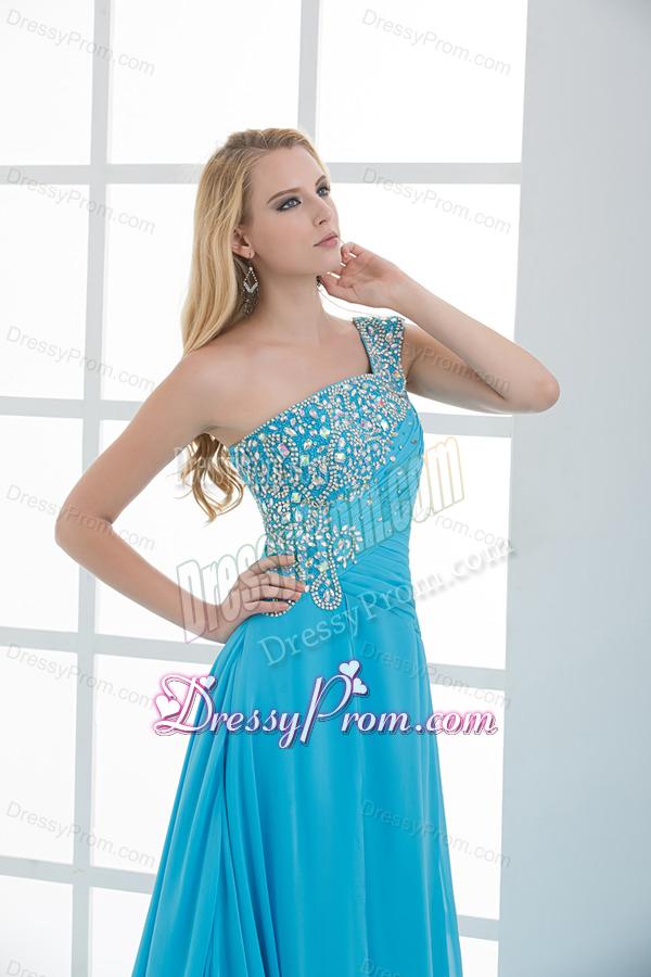 Sky Blue Beading and Ruching Empire One Shoulder Prom Dress with Court Train