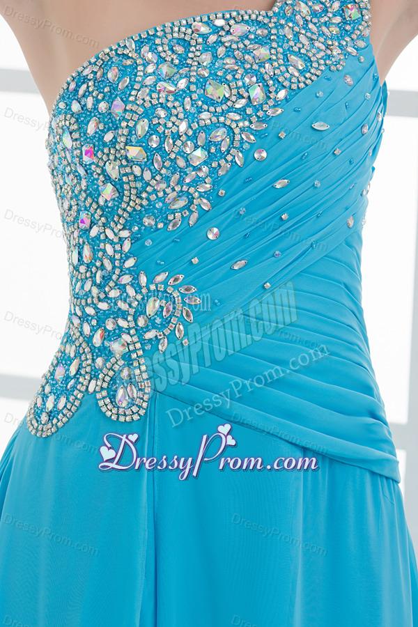 Sky Blue Beading and Ruching Empire One Shoulder Prom Dress with Court Train