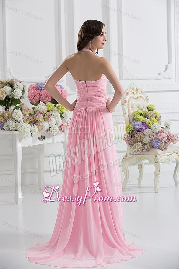 Straps Baby Pink High Slit and Ruching Empire Prom Dress with High Slit