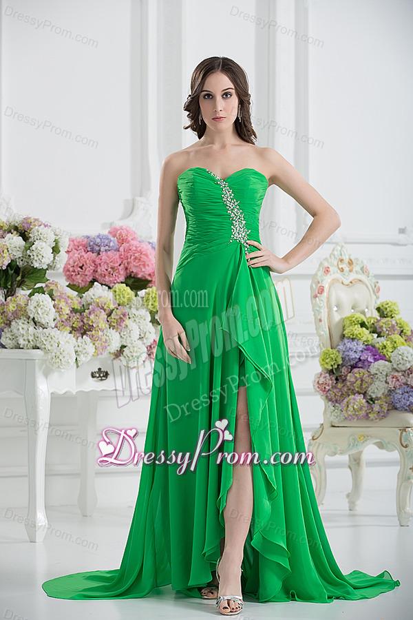 Sweetheart High Slit Beading Spring Green Prom Dress with Ruching