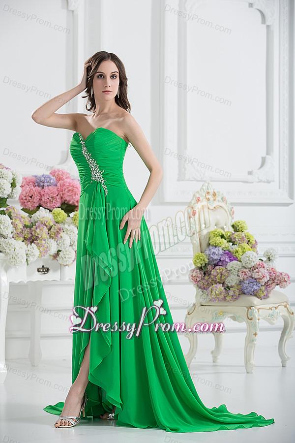 Sweetheart High Slit Beading Spring Green Prom Dress with Ruching