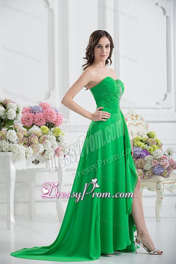Sweetheart High Slit Beading Spring Green Prom Dress with Ruching