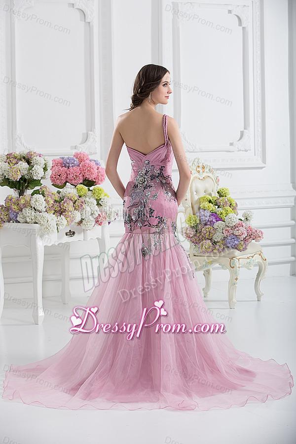 Sweetheart One Shoulder Mermaid Appliques Ruching Pink Prom Dress
