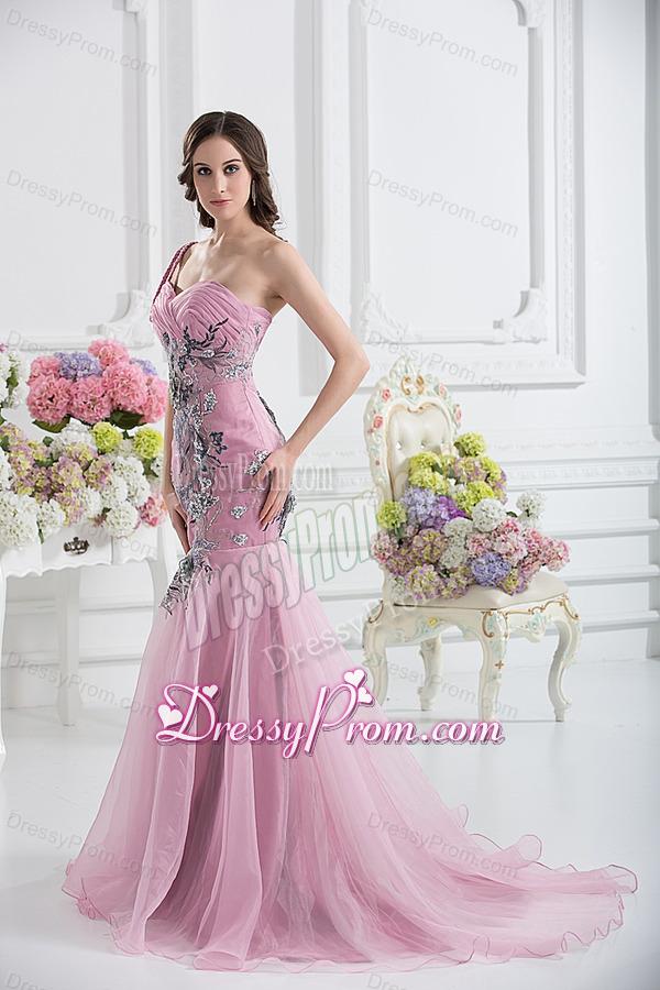 Sweetheart One Shoulder Mermaid Appliques Ruching Pink Prom Dress