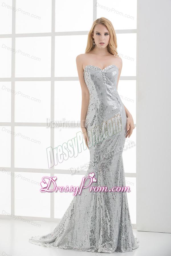 Sweetheart Sleeveless Silver Mermaid Brush Train Prom Dress with Sequins