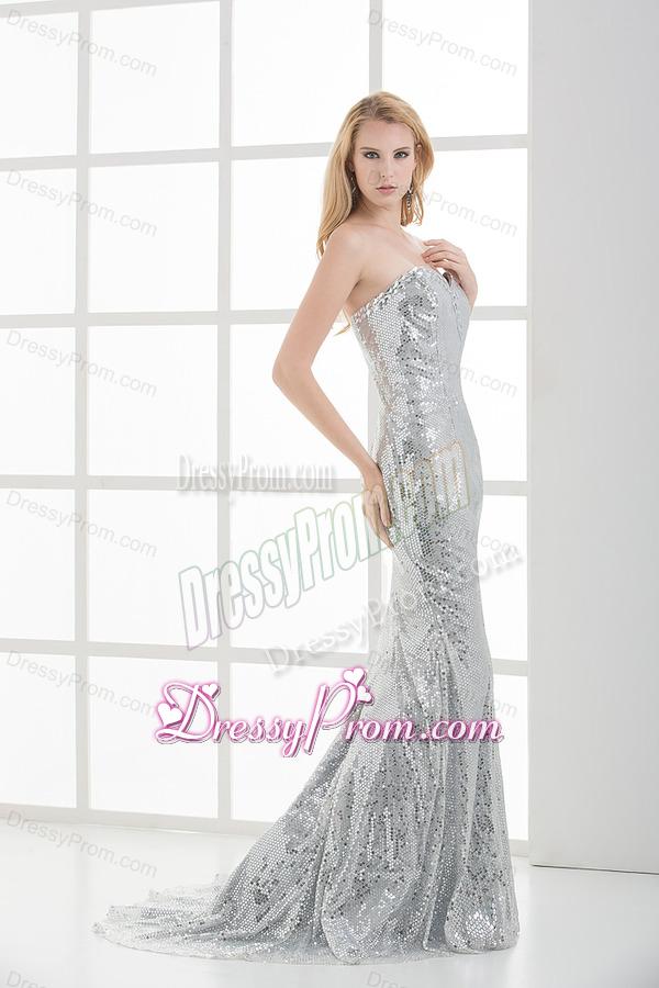Sweetheart Sleeveless Silver Mermaid Brush Train Prom Dress with Sequins
