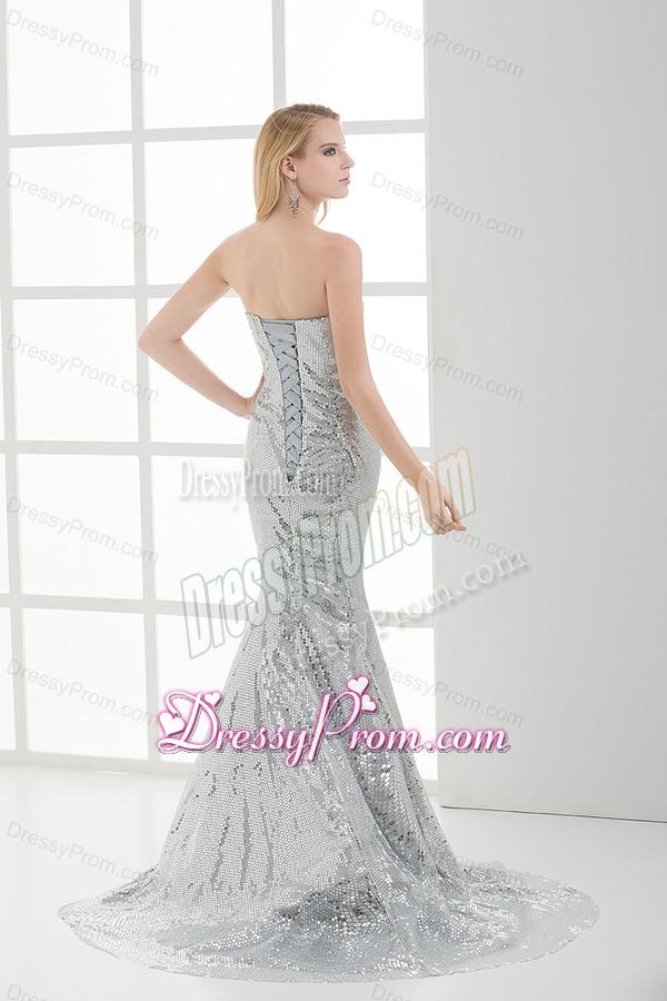 Sweetheart Sleeveless Silver Mermaid Brush Train Prom Dress with Sequins