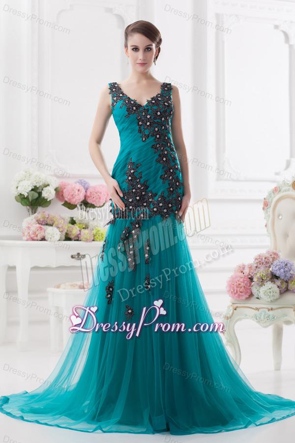 Turquoise Column Court Train Tulle Prom Dress with Ruching and Appliques