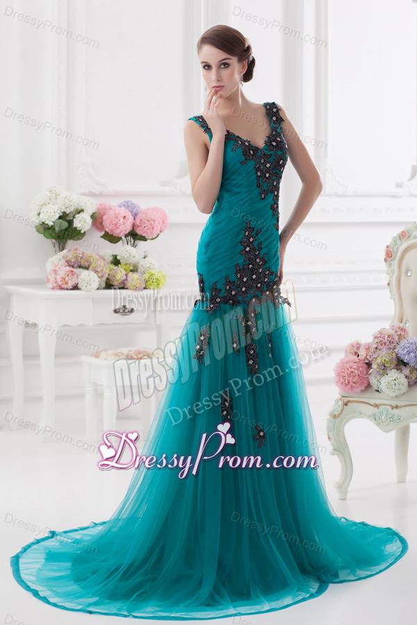 Turquoise Column Court Train Tulle Prom Dress with Ruching and Appliques