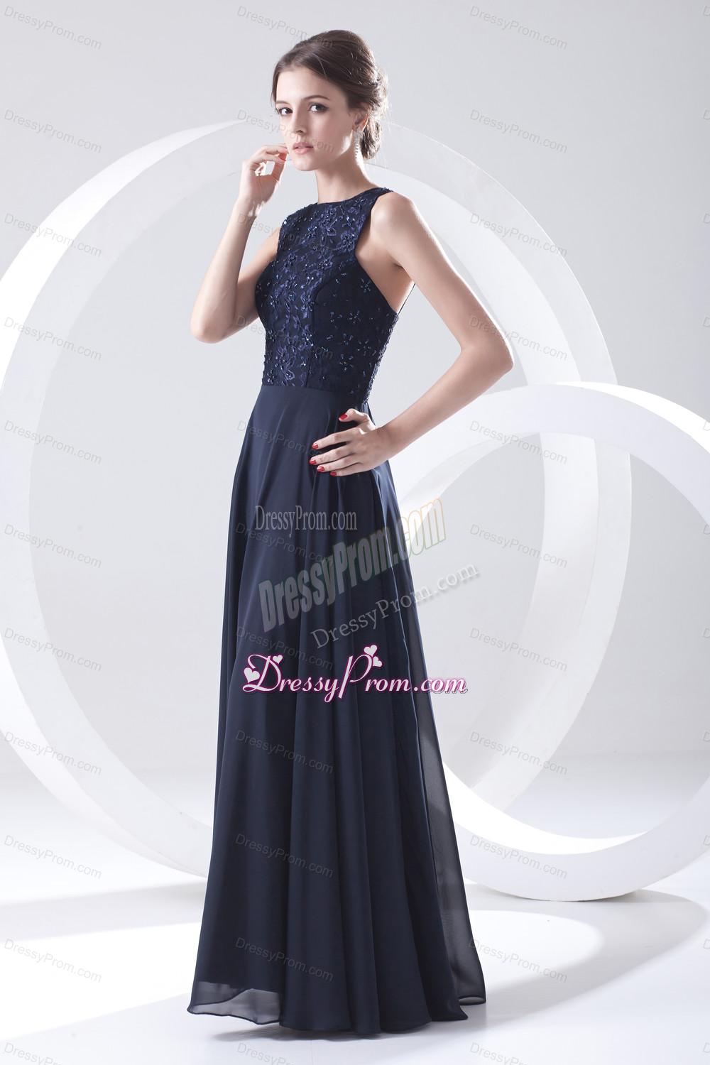 2014 Navy Blue Prom Dress with Lace Bateau Black Empire Chiffon