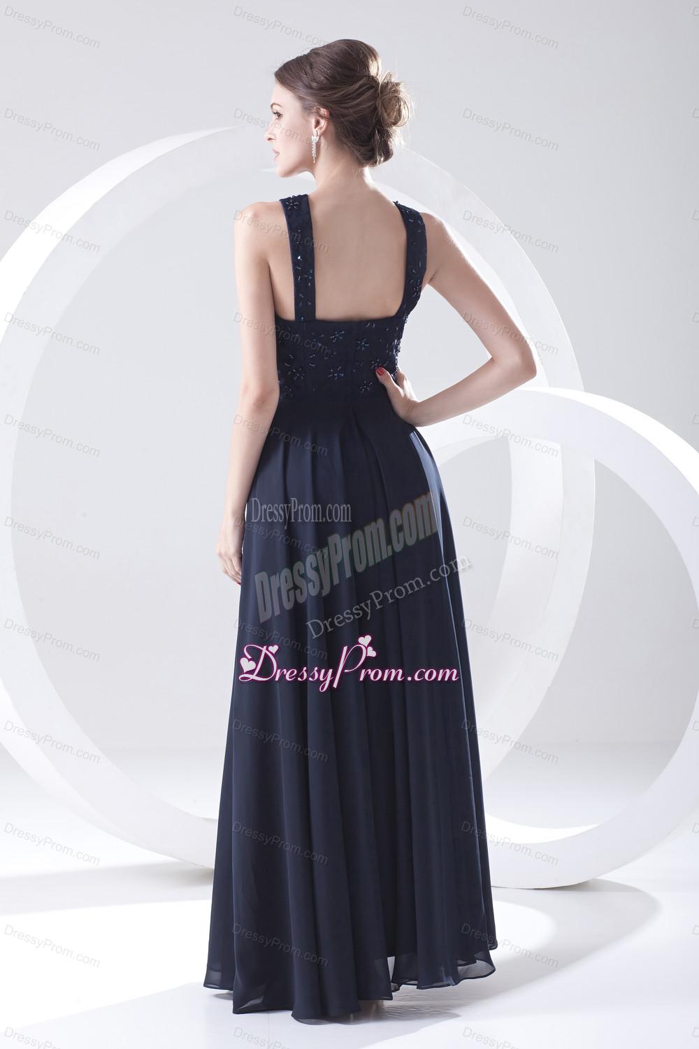 2014 Navy Blue Prom Dress with Lace Bateau Black Empire Chiffon