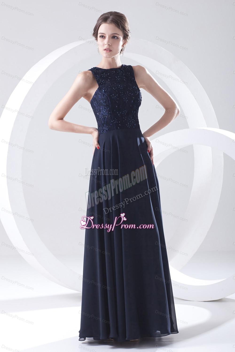 2014 Navy Blue Prom Dress with Lace Bateau Black Empire Chiffon