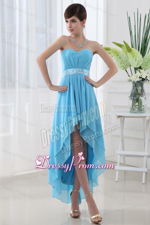 A-line Baby Blue Chiffon High-low Sweatheart Dress Prom with Belt