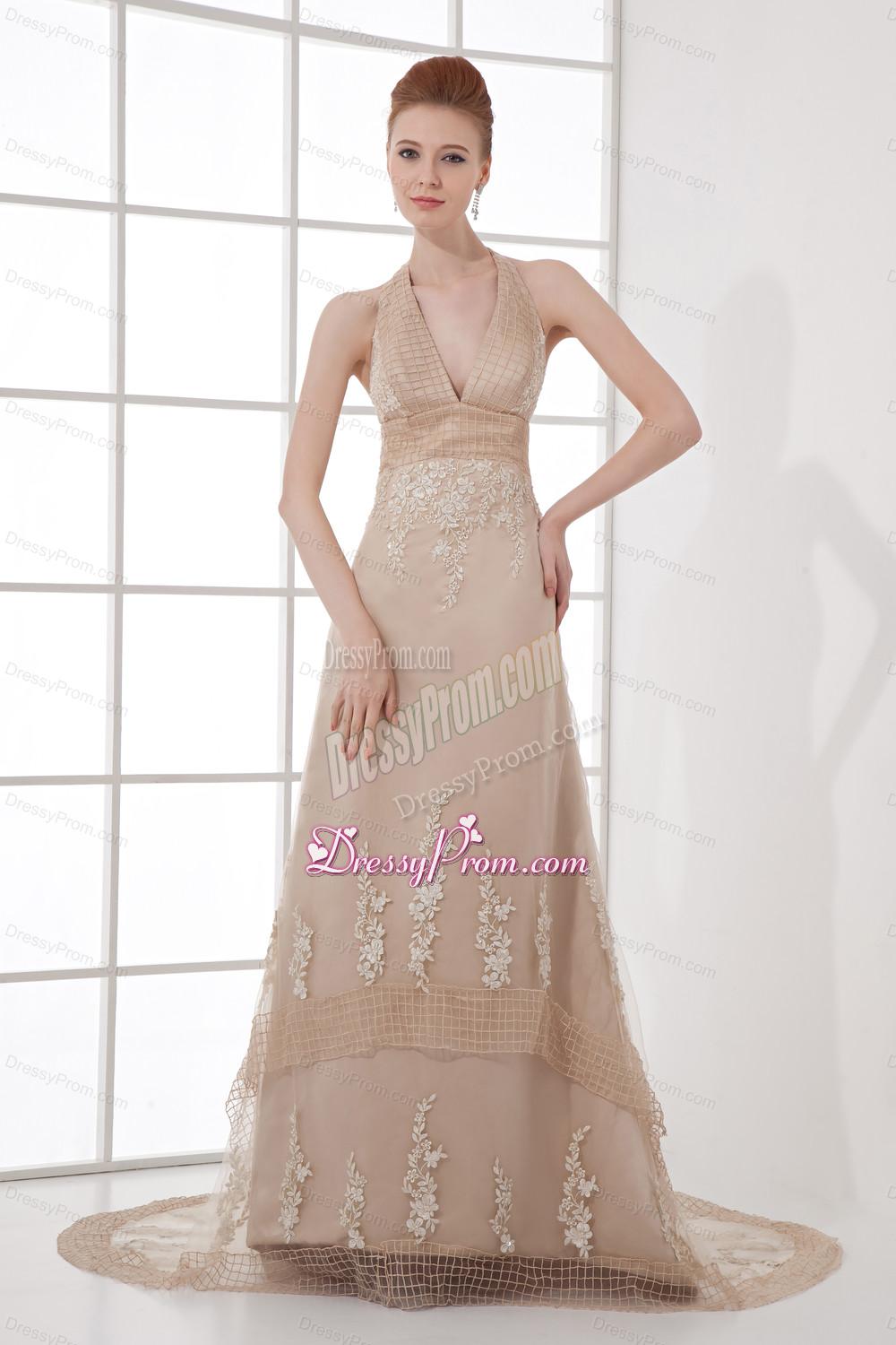 A-line Champagne Halter Top Neck Appliques Backless Court Train Prom Dress