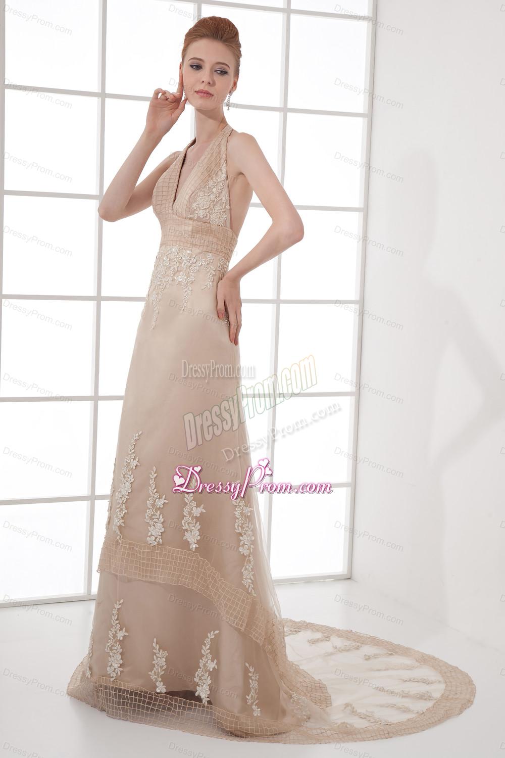 A-line Champagne Halter Top Neck Appliques Backless Court Train Prom Dress
