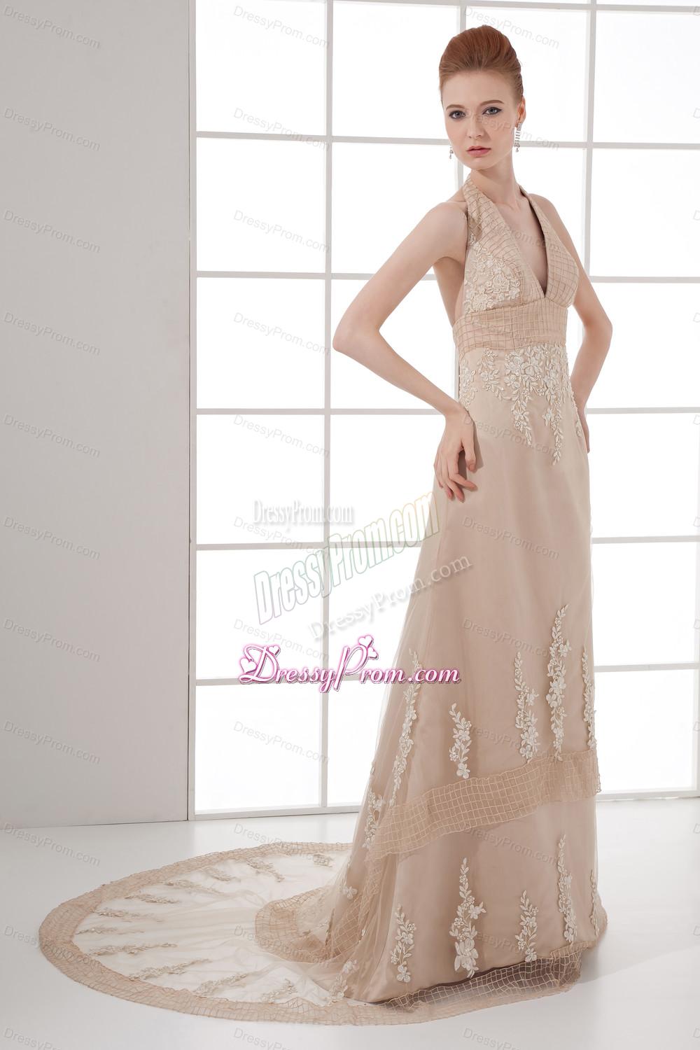 A-line Champagne Halter Top Neck Appliques Backless Court Train Prom Dress