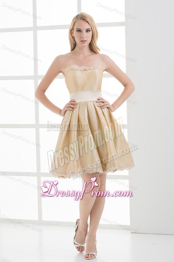 A-line Strapless Sleeveless Embroidery Champagne Prom Dress