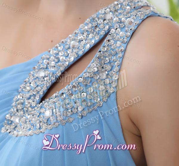 Aqua Blue One Shoulder Beading and Ruching Court Train Prom Dress