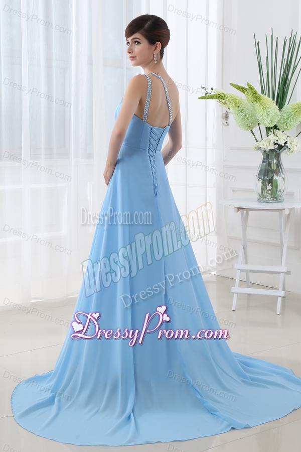 Aqua Blue One Shoulder Beading and Ruching Court Train Prom Dress