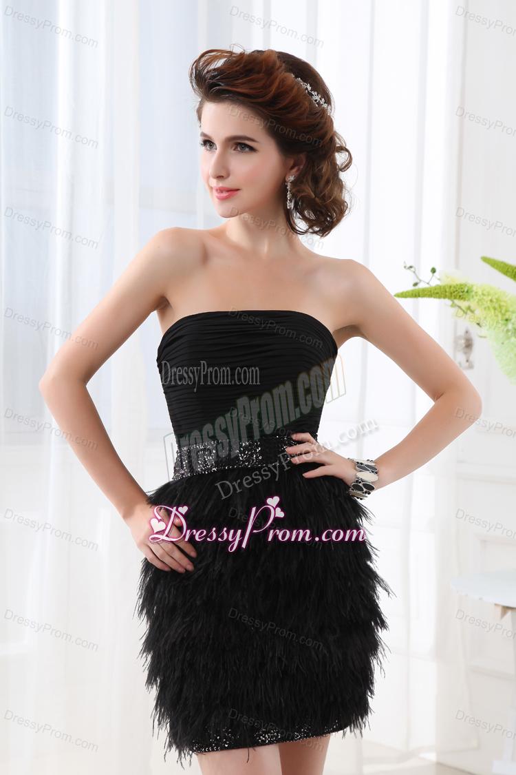 Black Column Strapless Sleeveless Mini-lengthProm Dress with Beading and Ruching