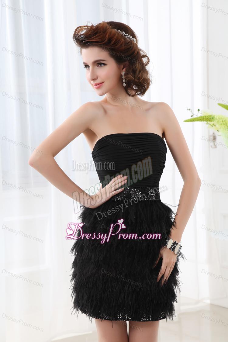 Black Column Strapless Sleeveless Mini-lengthProm Dress with Beading and Ruching