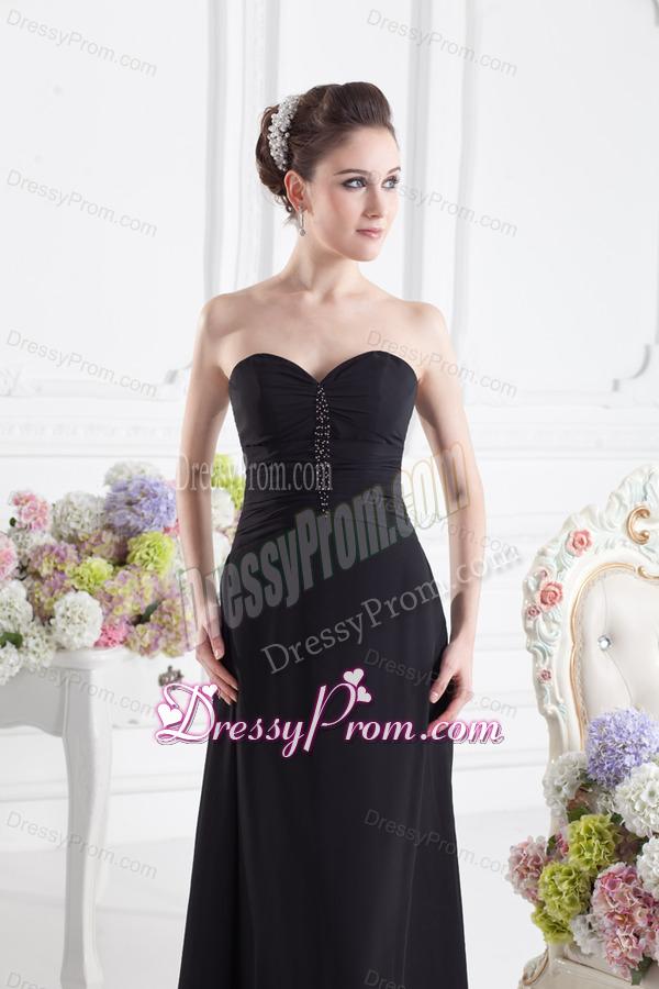 Black Empire Floor-length Prom Dress with Beading and Ruching